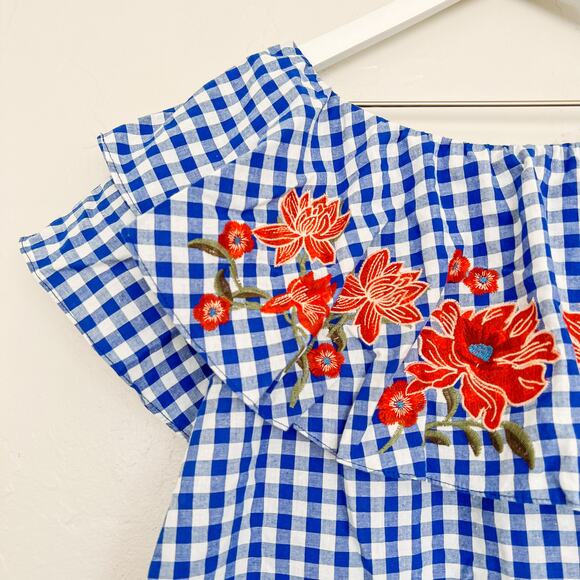 Umgee Blue Gingham Floral Embroidered Off the Shoulder Dress Small - Picture 2 of 4